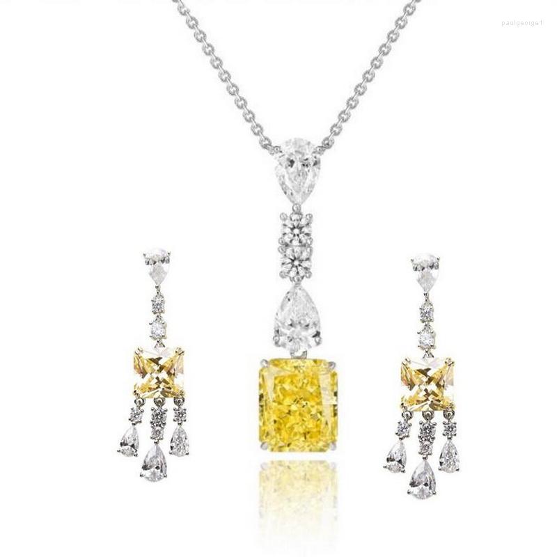 

Necklace Earrings Set Europe America Fashion High-end Jewelry Women Lady Inlay Yellow Square Cubic Zircon Pendant 925 Silver Needle, Picture shown