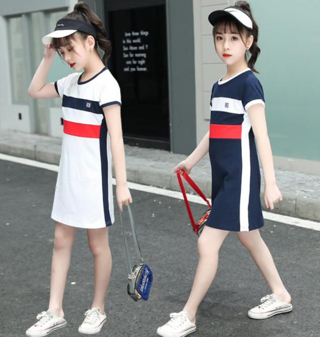 

2020 Girls Summer Dress Little Girls Clothing Long T Shirt Sport Dress Fashion Teenage Clothes Size 6 8 10 13 Kids2001082, Blue