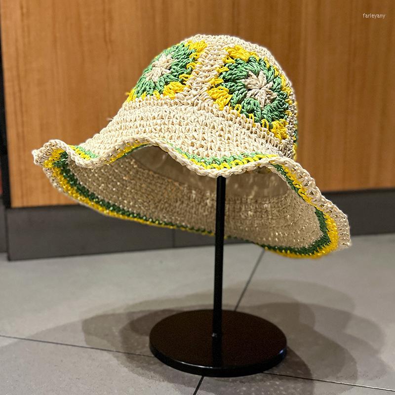 

Wide Brim Hats Floral Straw For Women Designer Flower Crocheted Bucket Summer Beach Sun Protection Female Seaside Casual Sunhat Foldable, Green