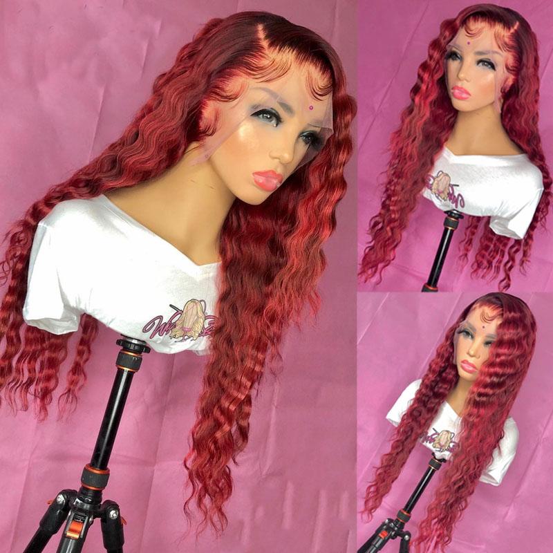 

Top Closures 180%Density 26Inch Burgundy Kinky Curly Synthetic Lace Front For Black Women With Baby Hair Heat Resistant Fiber Daily
