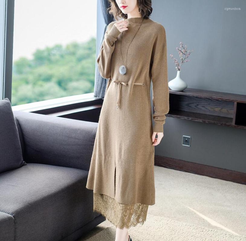 

Casual Dresses Vintage French Woman Dress Knitted Stitching Lace Knee-length Spring Autumn Sweater Slim Office Lady Solid Loose Leisure, Khaki