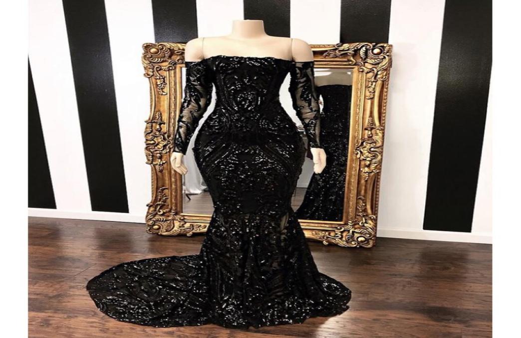 

2023 Vestidos Off The Shoulder Mermaid Prom Dresses New Black Long Sleeve Sweep Strain Sequined Formal Evening Dress Party Gowns G1051209