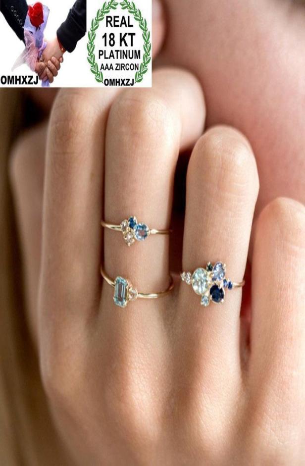 

OMHXZJ Whole European Three Stone Rings Fashion Woman Girl Party Wedding Gift Slim Gold Blue Zircon 18KT Yellow Gold Ring Set 3333407