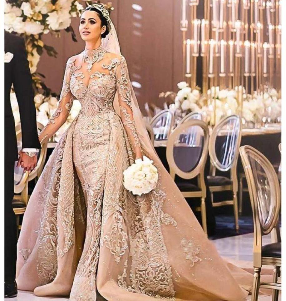 

Luxury Champagne Lace Mermaid Wedding Dresses High Neck Illussion Long Sleeve Dubai Bridal Gowns vestido de noiva1656361, Pink