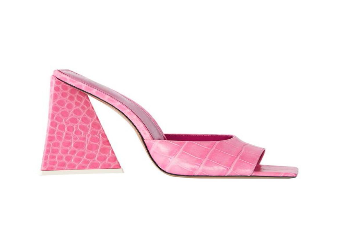 

Designer Pink womens Slippers stone pattern Genuine Leather heeled shoes Top quality sandals Fashion Triangular Abnormal heels us 9642496, Split