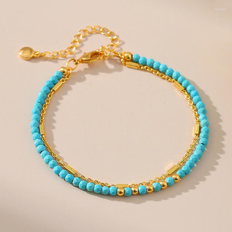 

Link Bracelets Boho Layered Turquoise Bead Bracelet Woman In Golden Chain Blue Natural Ethnic Pulsera Designer Jewelry