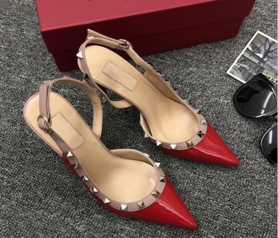 

Designer Pointed Toe with Studs high heels genuine Leather rock rivets Sandals Women Studded Strappy Dress Shoes slingbacks pumps1912852, White