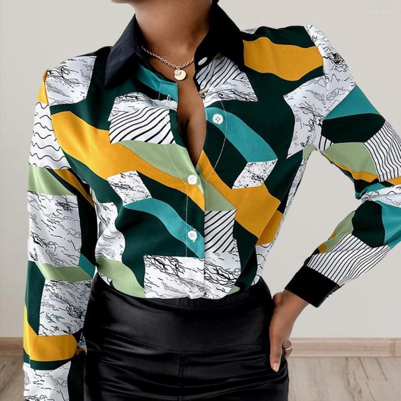 

Women's Blouses Women Shirt Geometric Print Lapel Collar Office Long Sleeve Single-Breasted Lady Top Women's Clothing For Daily Wear, Green