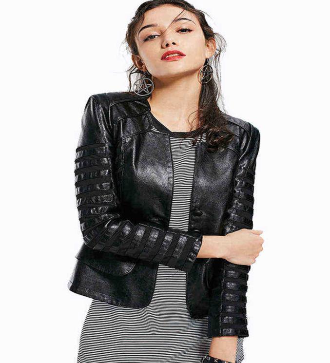 

Fmfssom Spring New Patchwork Lace Faux Leather Jacket With Long Sleeves Black Soft Pu Jacket Zipper Design Motorcycle Windproof Ru5107298