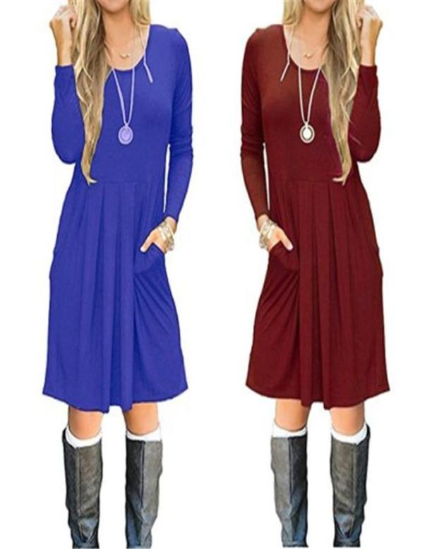 

2018 New 11 Colors Round Collar Fashion Dresses For Women Autumn Winter Solid Pocket Casual Dress Female Tops Clothing 7010809, White