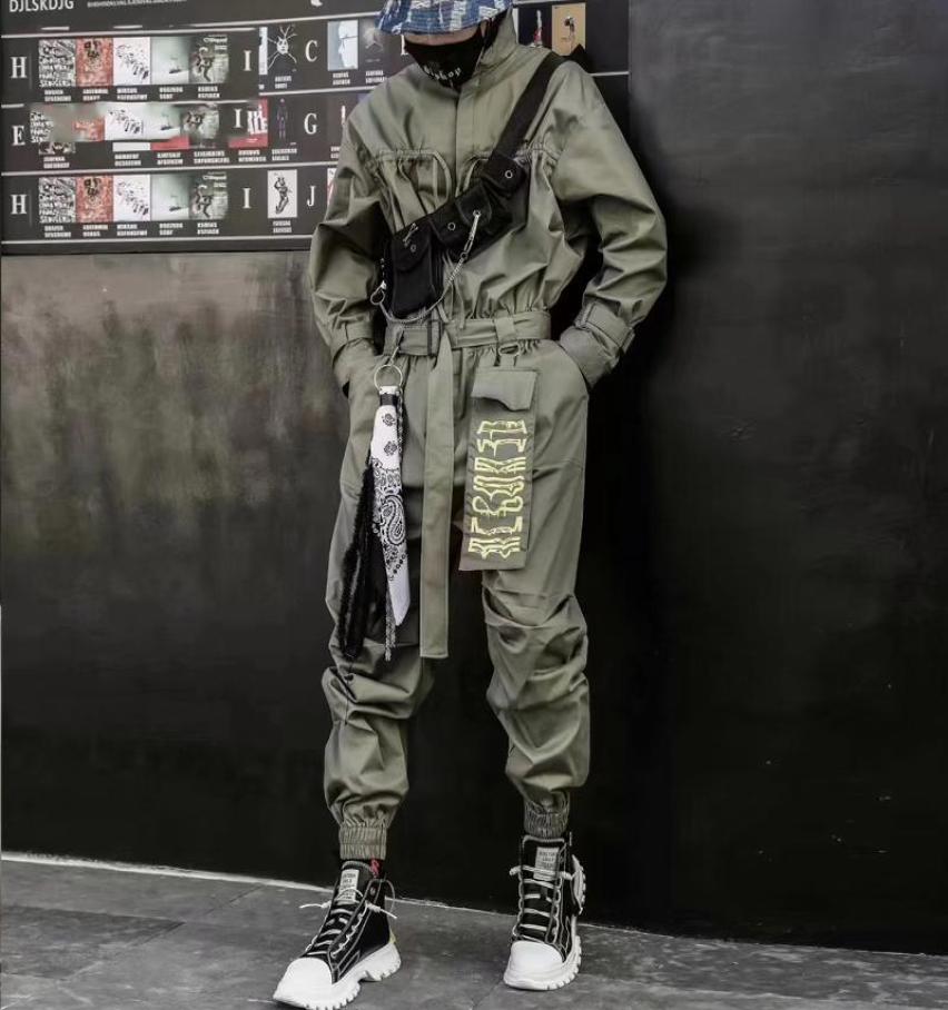 

2021 Hip Hop Streetwear Jumpsuits Men Ribbon Embroidered Cargo Pants Long Sleeve Rompers Joggers Techwear Men7783864, Beige