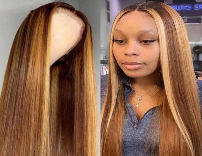 

Ombre Highlight woman Wig Brown Honey Blonde Colored HD Front Human Hair Straight Full Lace Frontal7717687, Mix color