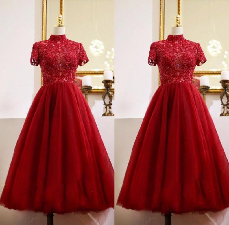 

2021 Red Tea Length Evening Gowns Formal Dress Short Sleeves High Neck Lace Beaded Women Special Occasion Dress Party Prom Homecom2011952, Hunter green