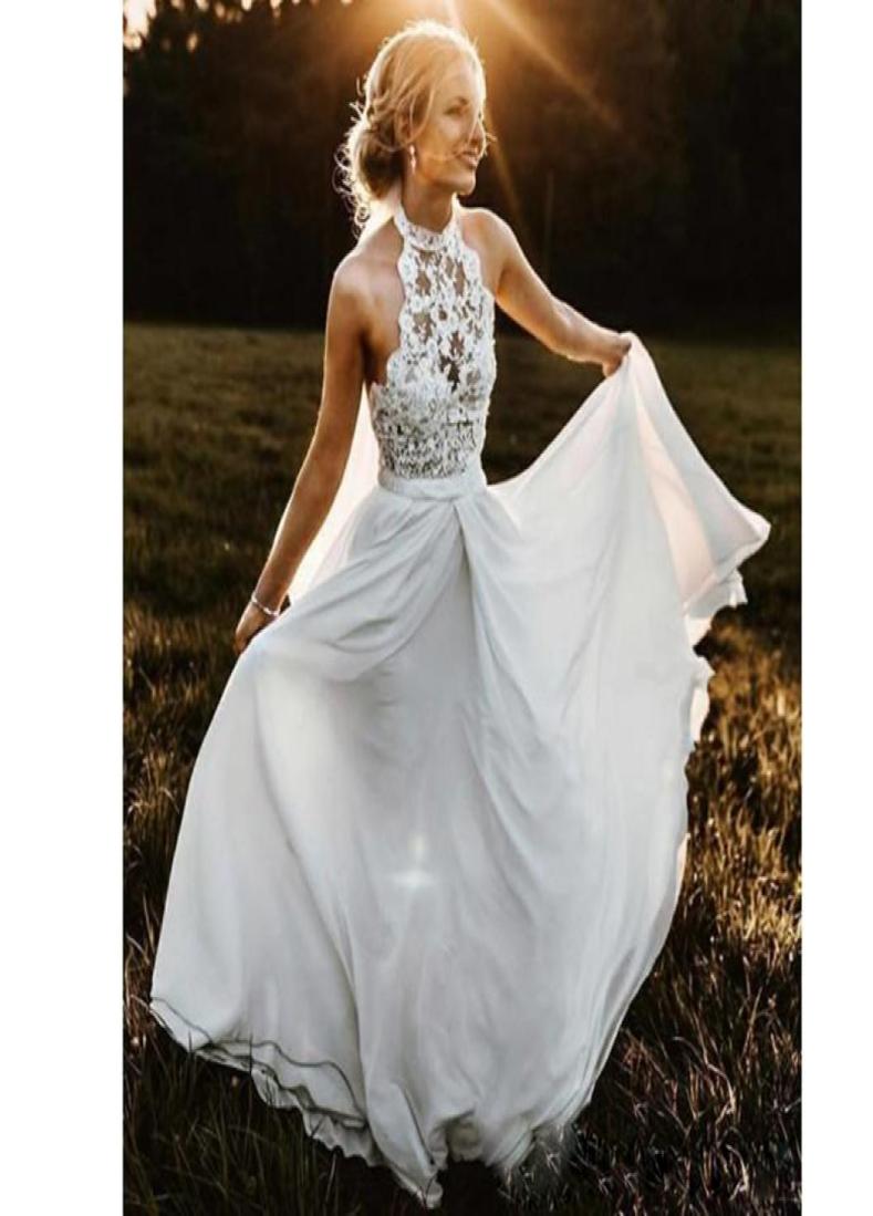 

Bohemian Aline Chiffon Beach Wedding Dress Halter Illusion Top Backless Country Wedding Gown Floor Length Rustic Bridal Dress9810614, Gold