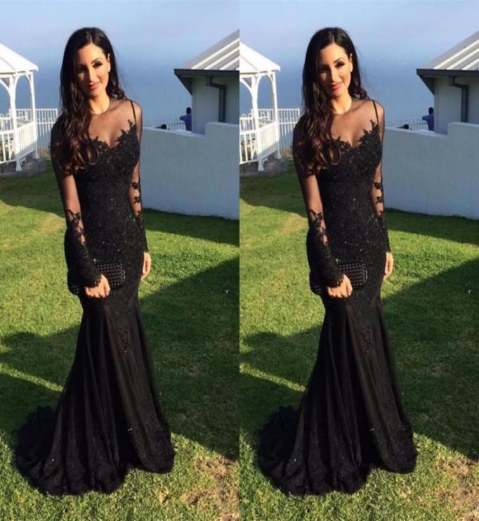 

Black Arabic Satin Mermaid Prom Dresses Sheer Long Sleeves Lace Appliques Beaded Plus Size Formal Party Evening Gowns robes de soi4022531, Chocolate