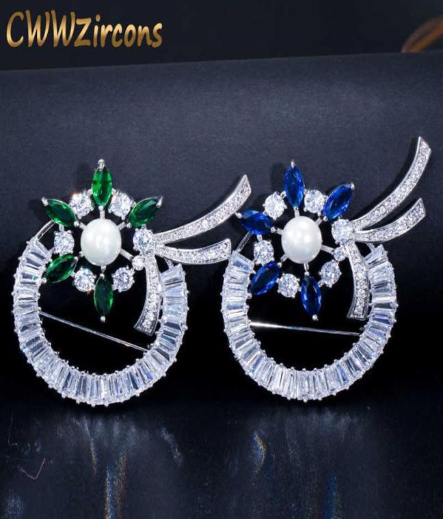 

Brilliant Green and Blue Cubic Zirconia Paved Women Large Beautiful Flower Brooches Pins Jewelry with Pearl BH005 210714320M8309347