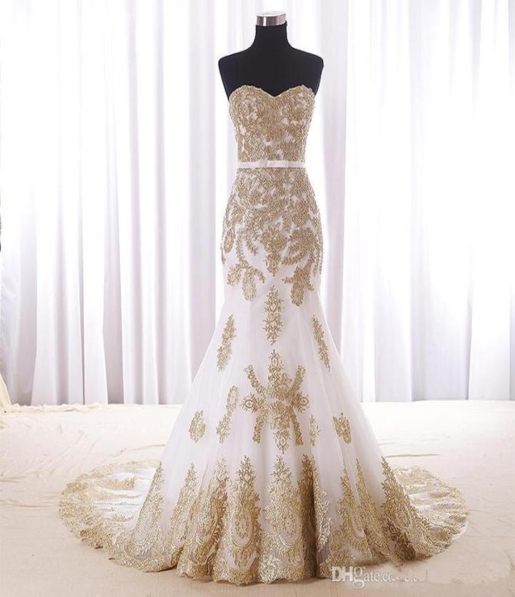 

Mermaid White And Gold Wedding Dress Cheap Real Pos Sweetheart Chapel Train Applique Lace Bridal Dress For Women Girls New 1017720088, Champagne