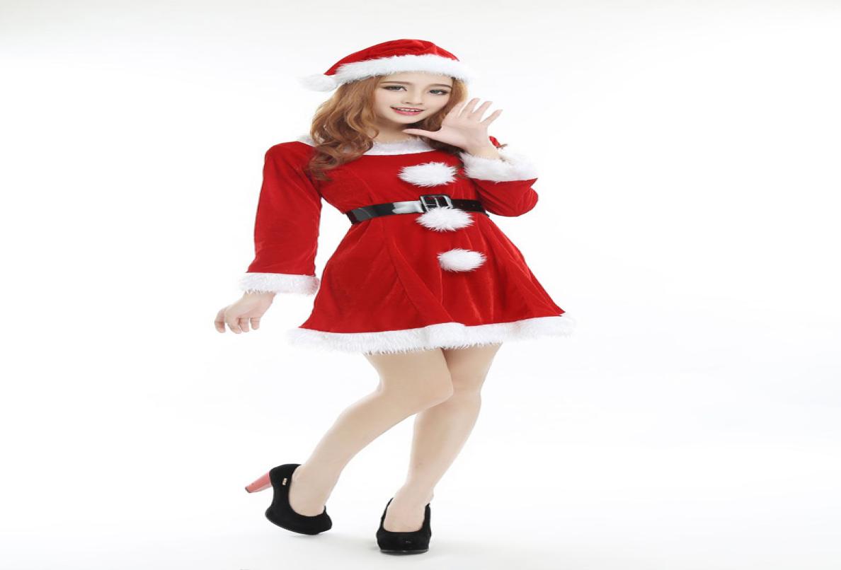 

Christmas Party Sexy Santa Costume Women Red Long Sleeve Mini Dress With Santa Hat Cute Cosplay Dress6099147