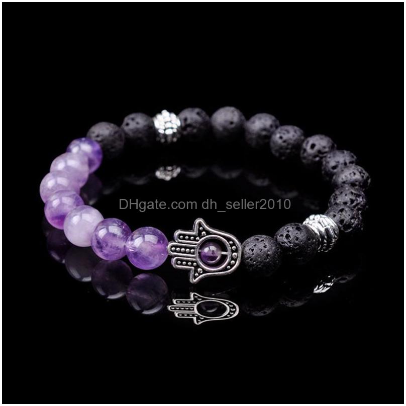 

Beaded Strand 8Mm Black Lava Stone With Amethyst Rose Quartz Amazonite Tiger Eye 7 Chakra Beads Elastic Bracelet For Women Drop Deli Dhwpm