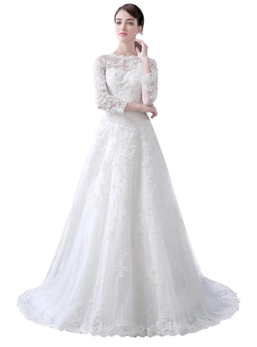 

2019 Jewel Neck Aline Chapel Train Wedding Dresses 34 Long Sleeves Lace Appliques Wedding Gowns Button Sheer Back Vestido de Nov3327073, Ivory