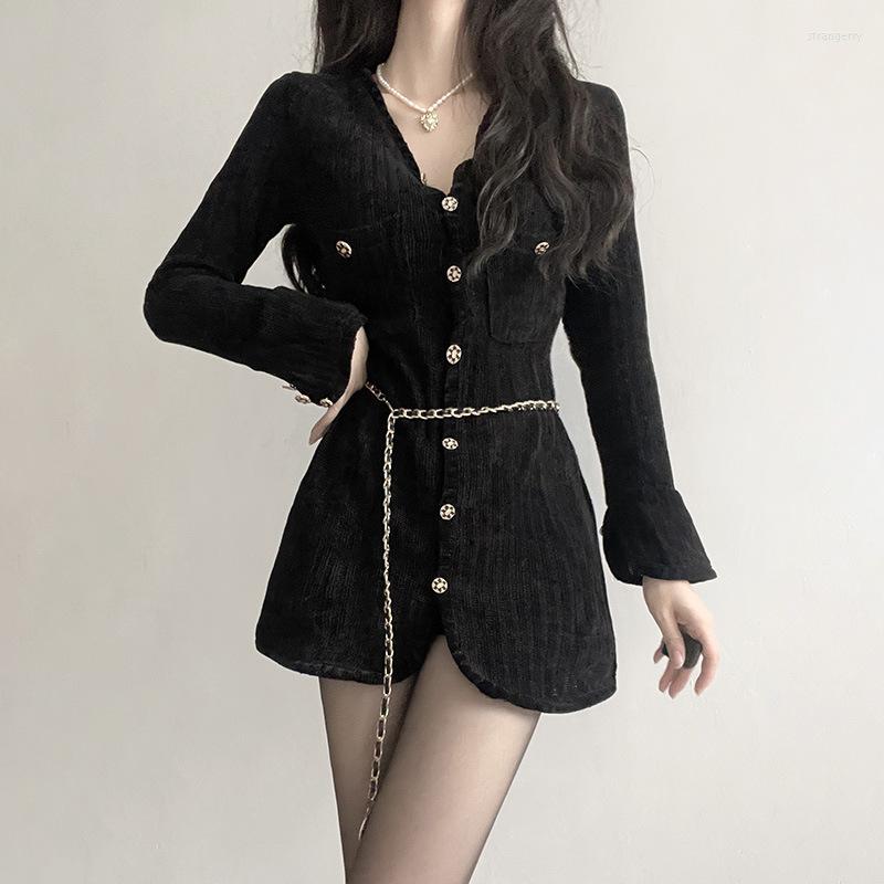 

Casual Dresses Black Fashion Chic Mini Dress Women 2023 Golden Velvet Long Sleeve V Neck Front Button Short Slim Fit Vestido