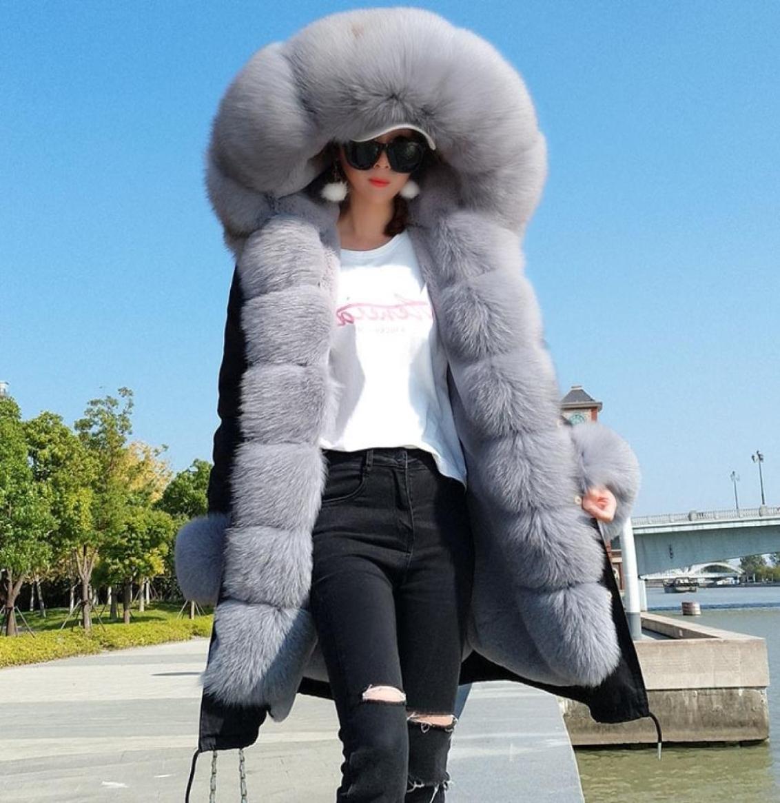 

Maomaokong Winter Women Natural fox fur coats Real Fur Long Black Jacket Cotton thick warm parkas Faux fur lining 2011122081469, Gray