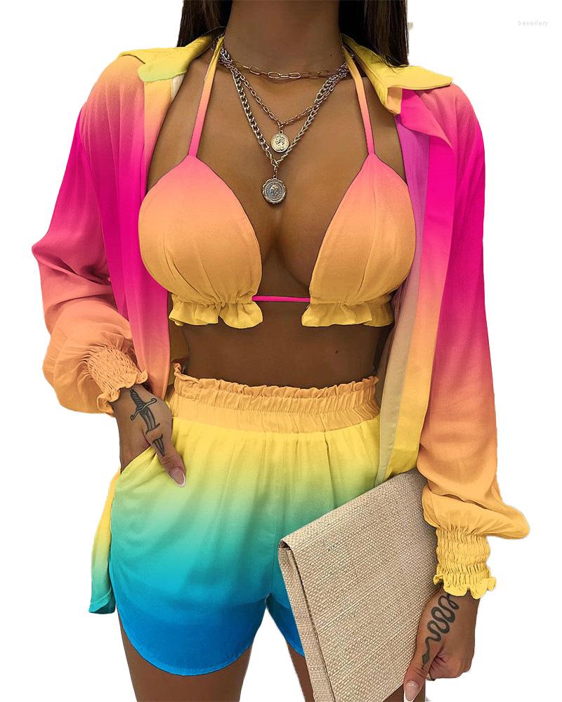 

Women's Tracksuits 2023 Casual Summer Women Sets Print Lantern Sleeve Cardigan Tops Bikini Shorts Sexy Beach Style Three-piece, 03