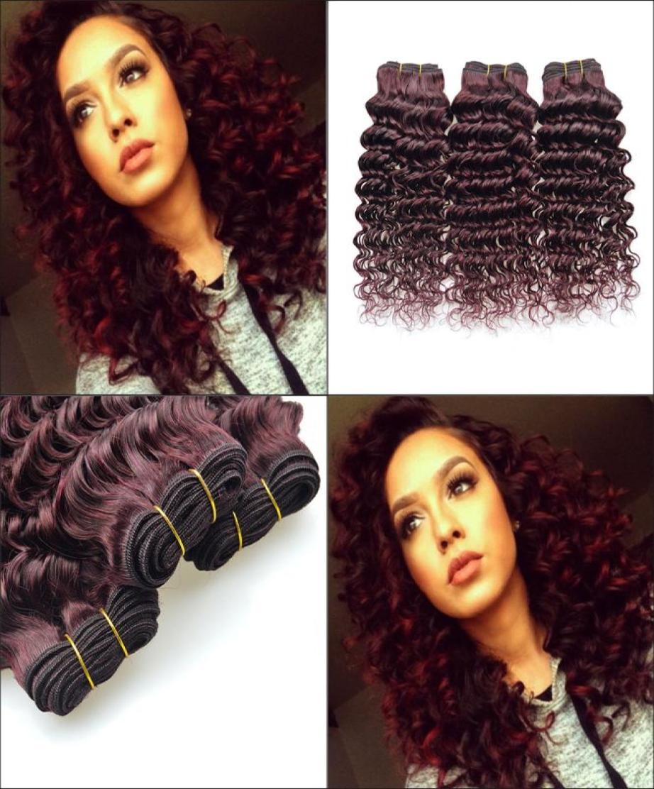 

4Pcs lot 100g Brazilian Deep Wave Red Human Hair Extensions Burgundy Curly Hair Weaves 99J Red Colored Curly Hair2112844