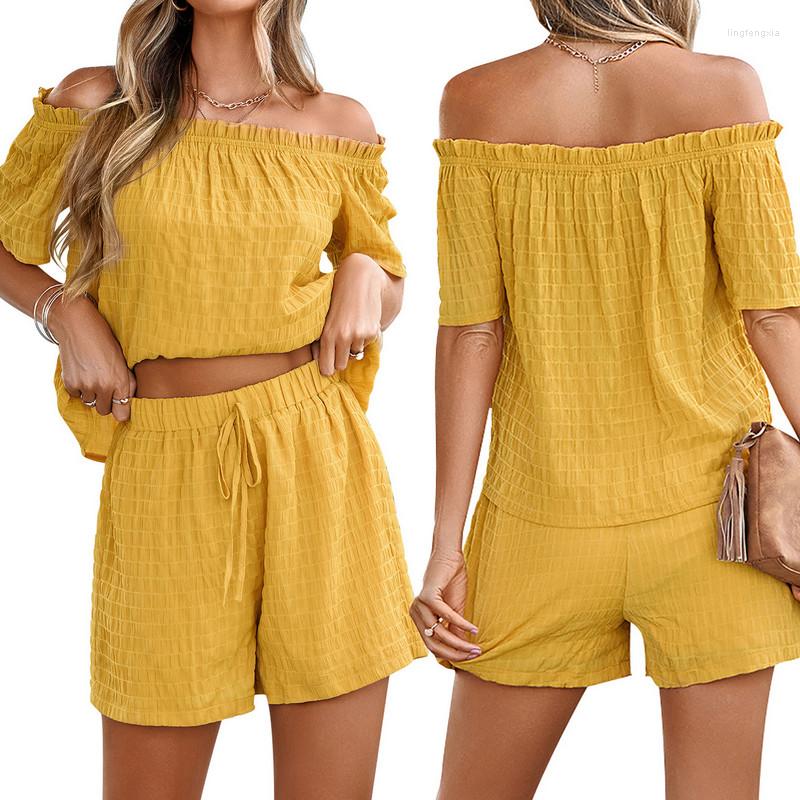 

Women' Tracksuits Women Off Shoulder Two Piece Short Sets Loose Outfits Summer Clothes 2023 Casual Sleeve Tops And Shorts Set Loungewear