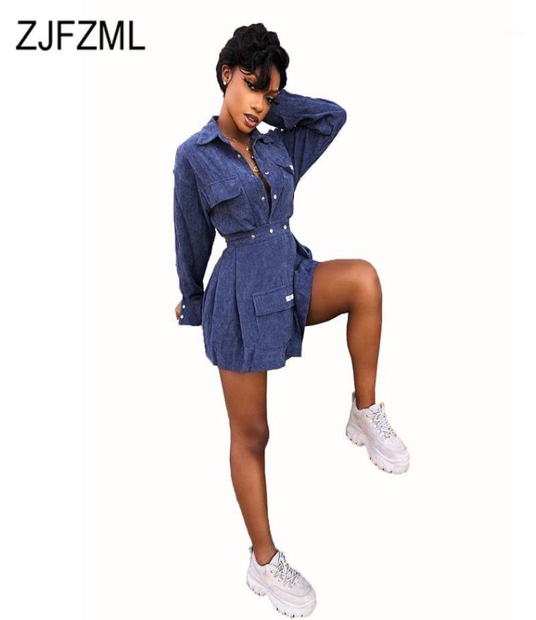

Blue Corduroy 2 Piece Outfit For Women Turn Down Collar Long Sleeve Top And High Waist Short Skirts Matching Set Two Piece Suit19396184