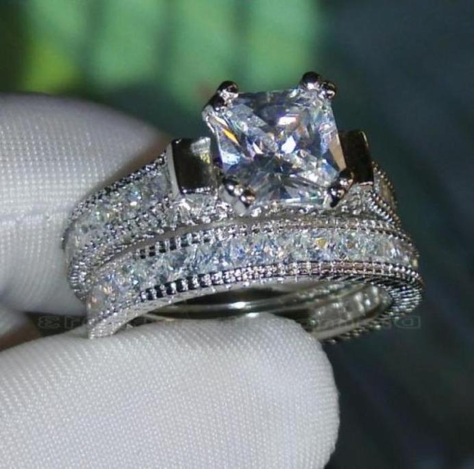 

Luxury Size 510 Retro Princess Cut 14k white gold filled topaz simulated diamonds Wedding Ring set mother039s day gift with bo17001941104