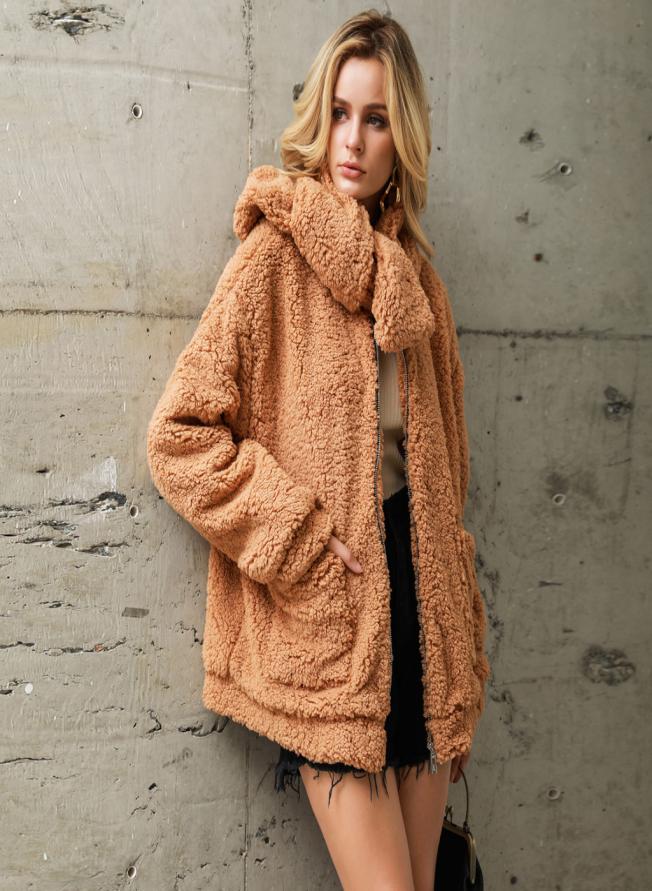 

Womens Coats Winter Warm Fleece Jackets Loose Scarf Coat Casual Solid Faux Fur Pocket Outwear Cardigan Female Coat Plus Size New5559458, Khaki