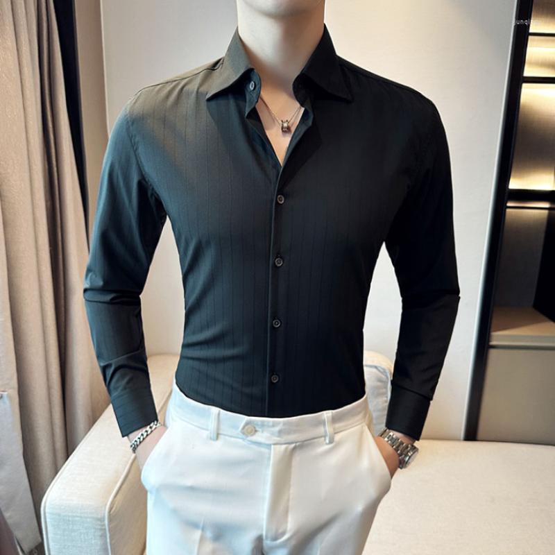 

Men's Casual Shirts Spring Mens Business Formal Wear Long Sleeve Striped For Men Clothing 2023 Slim Fit Club/Prom Tuxedo High Quality, Black