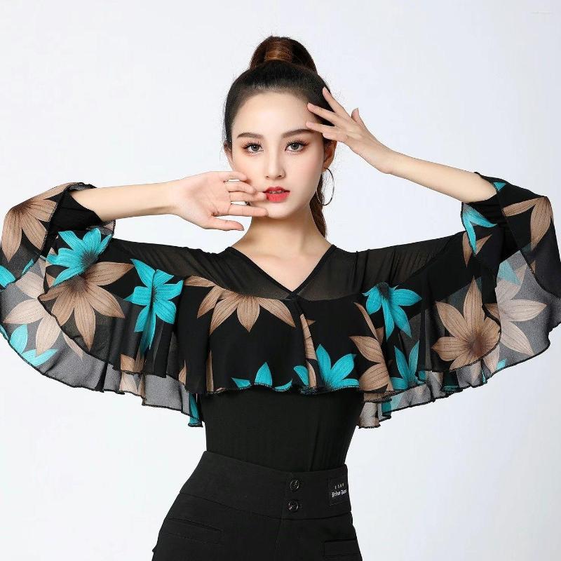 

Stage Wear Jiteba Square Dance Modern Top For Women V-neck Floral Print Female Patchwork Body Adult Latin Clothes, Blue jumpsuit