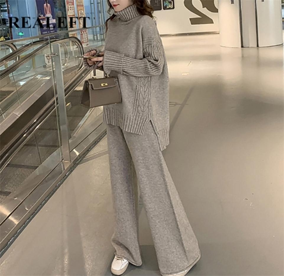 

REALEFT Autumn Winter 2 Pieces Women Sets Knitted Tracksuit Turtleneck Sweater and Wide Leg Jogging Pant Pullover Suits 2202182597588, Orange
