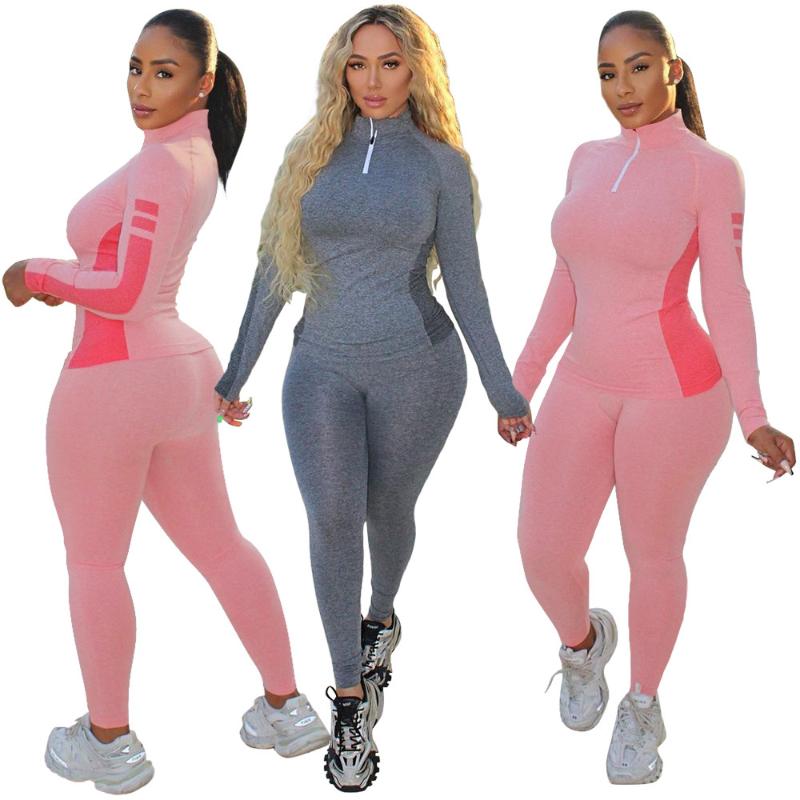 

Women's Two Piece Pants MUDAN 2023 Fall Fashion Long Sleeve Slim Fit Pure Color Sports Suit 2-piece Set Yoga Clothes, Grey