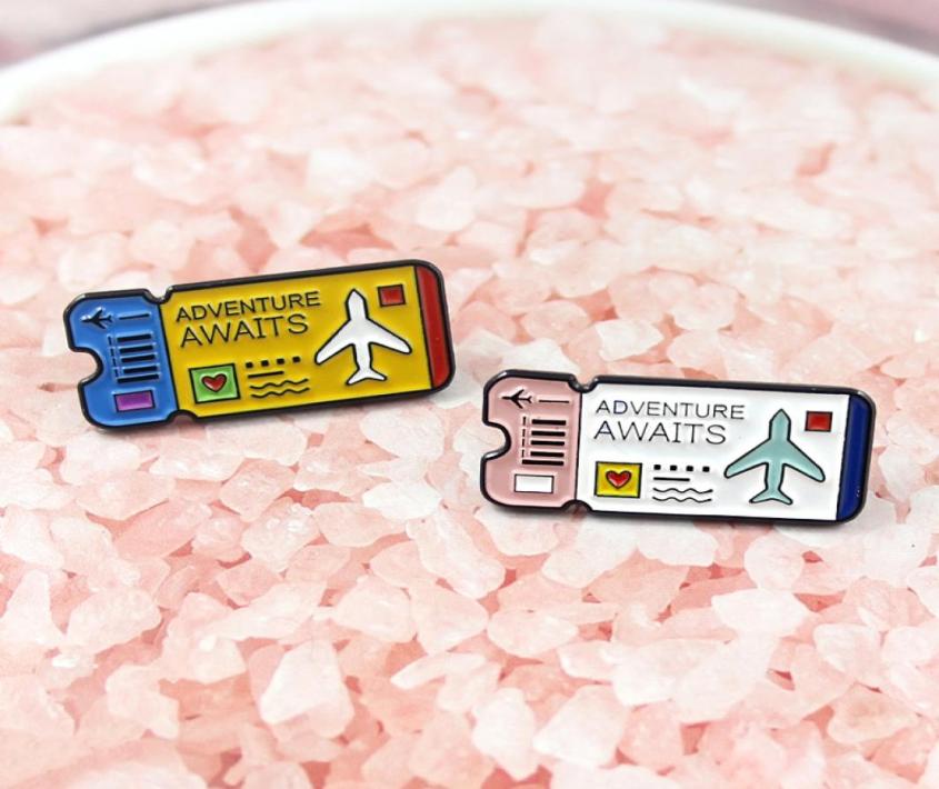 

Cartoon airline ticket quotADVENTURE AWAITSquot cute brooch jeans Decoration personality white pink blue innovation color pins9633703