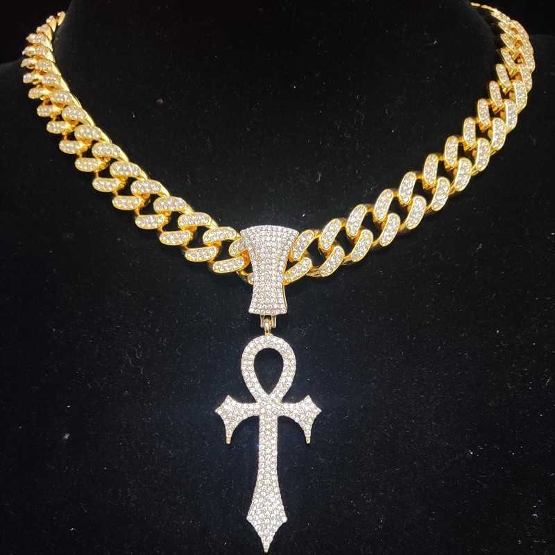 

Men Women Hip Hop Ankh Cross Sword Pendant Necklace with 13mm Cuban Chain Hiphop Iced Out Bling Necklaces Fashion Jewelry Gifts