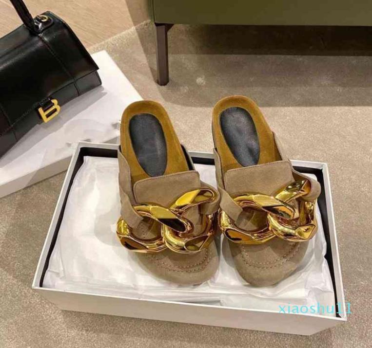 

Slippers early spring JW chain Baotou semi slippers women lazy wear Muller shoes flat bottomed round head casual single d5254050314, Brown
