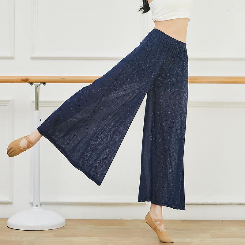 

Stage Wear Classical Dance Pants Women Loose Wide Leg Flash Silver Crystal Mesh Flowing Trouser Body Rhyme