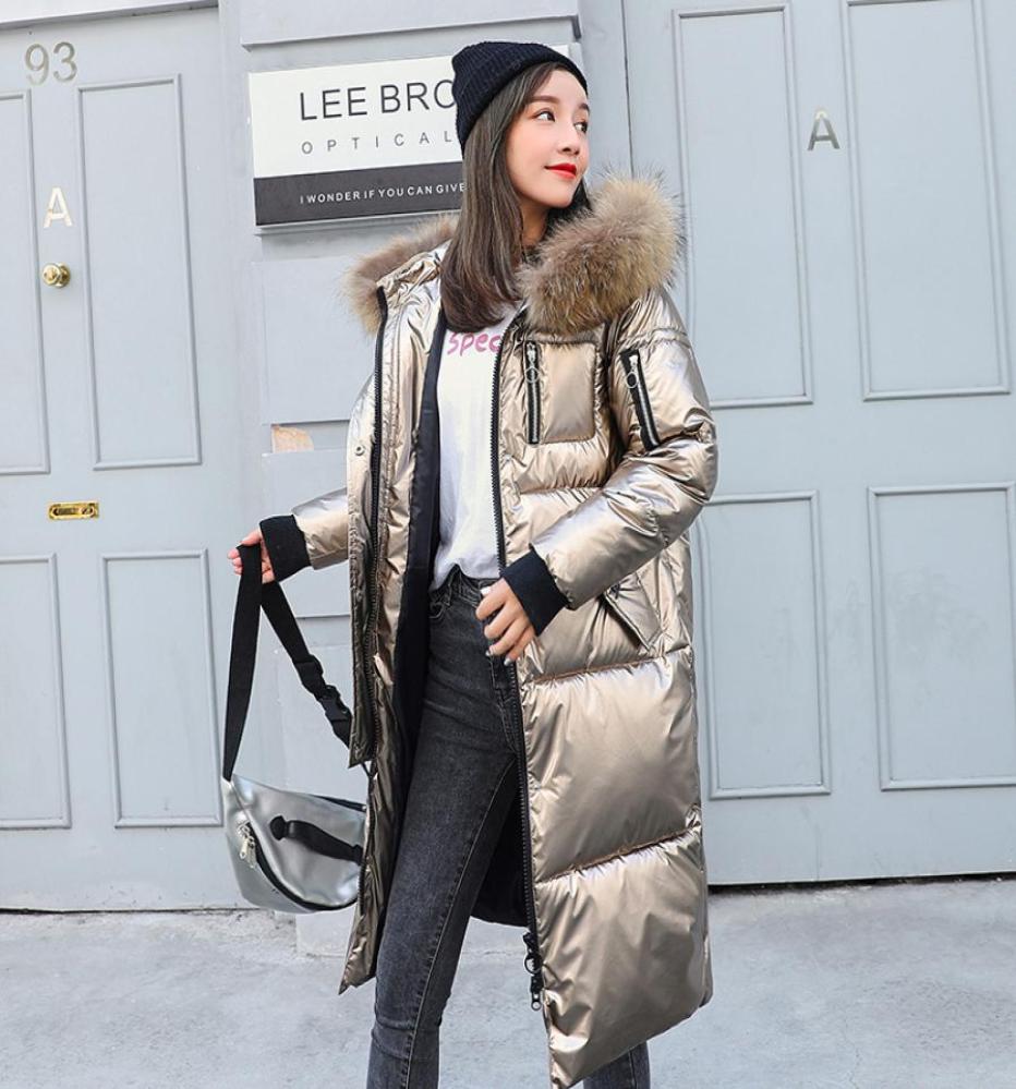 

Fashion Winter Women039s Long Glossy Big Fur Silver Down Jackets Hooded Coat Down Parkas Thick Winter Jacket Women Outwear T2005301500, Black