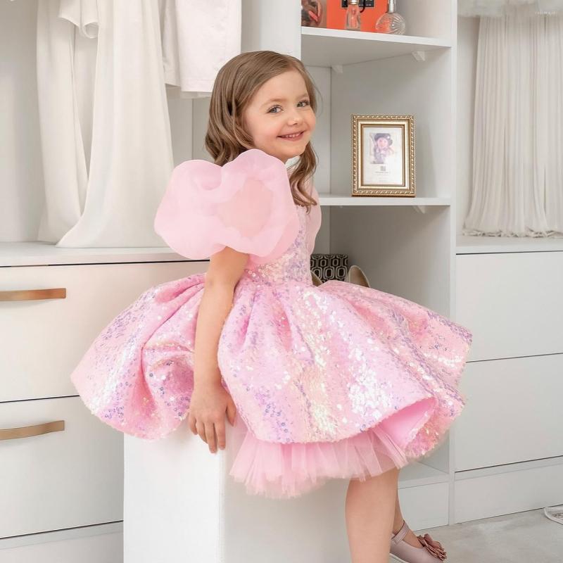 

Girl Dresses Pink Glitter Flower Puffy Sleeve Knee Length Girls Summer Spring Birthday Party Gown