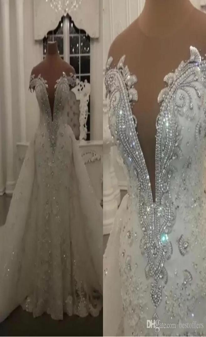 

Luxurious Robe de Mariage Modern Lace Mermaid Wedding Dresses Shining Crystals Beads Appliques Sheer Neck Wedding Bridal Gowns9184551, White
