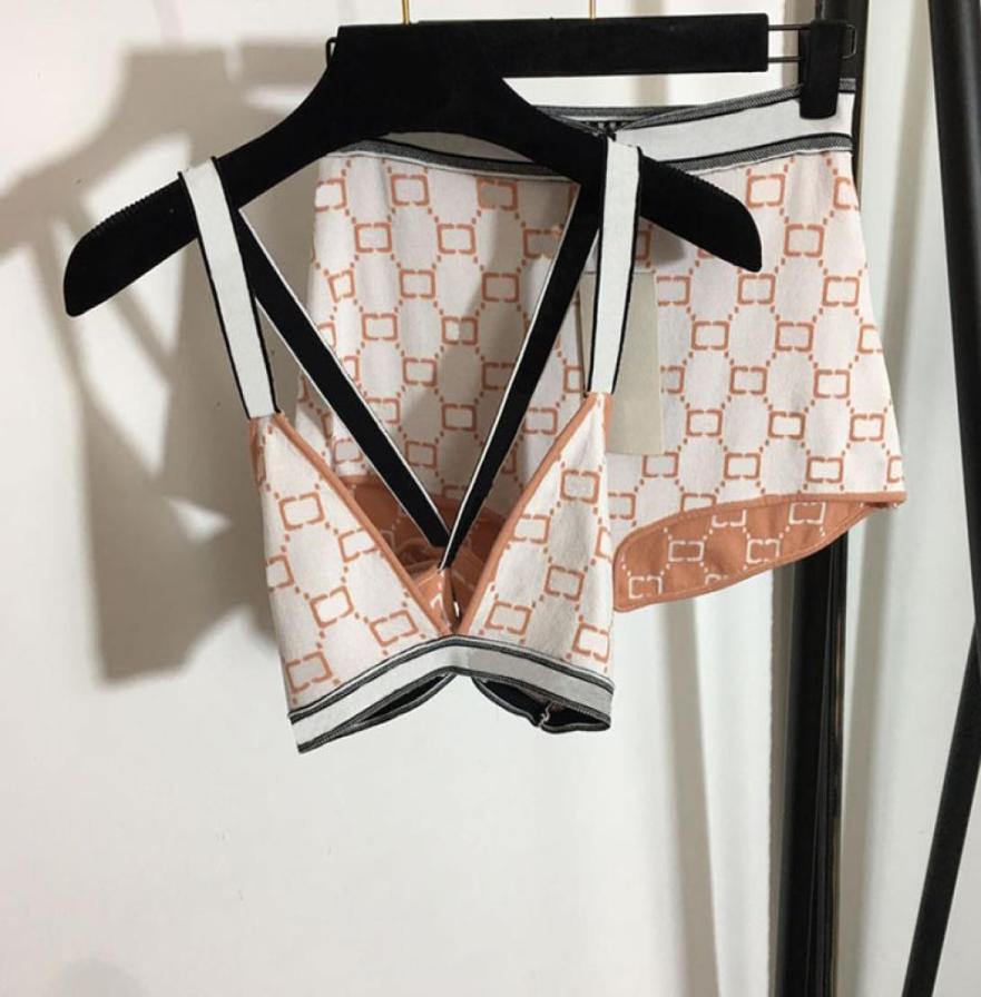 

2 Colors Women Knitted Swimsuit Home Clothing Letter Jacquard Swimwear Sexy V Neck High Waist Bikini Set4310530