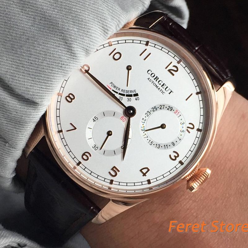 

Wristwatches 40mm Men's Top Mechanical Watch Stainless Gold Case White Dial Date Leather Strap Power Reserve Automatic