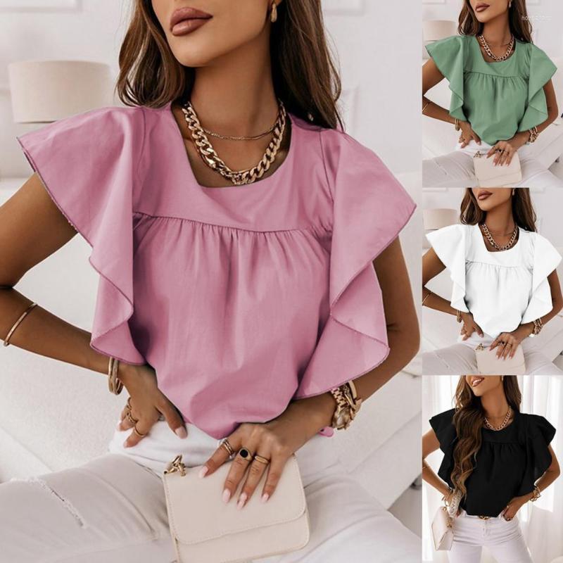 

Women' Blouses Women Summer T-shirt Flying Sleeve Ruffle Round Neck Solid Color Pleated Soft Elegant Commute OL Style Female Top Blouse, White