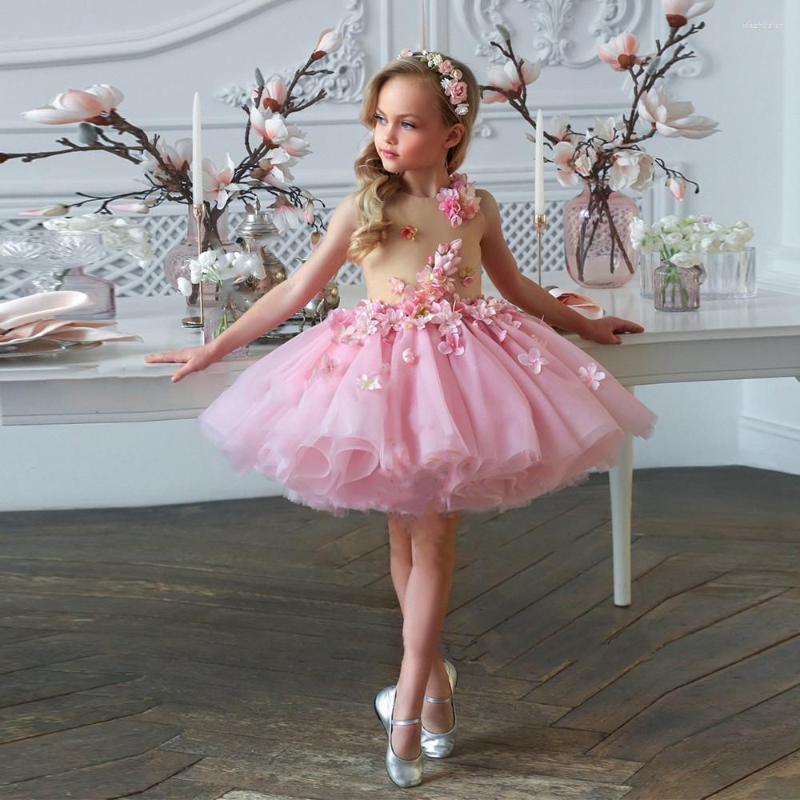 

Girl Dresses Pink Handmade Flowers Girl's Dress Puffy Tulle Knee Length Summer Spring Birthday Party Gown