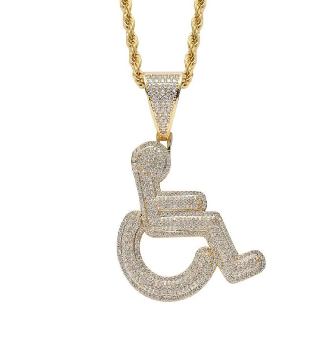 

Wheelchair Handicap Sign Pendant Necklace Gold Silver Color Bling Cubic Zircon Men Hip hop Rock Jewelry266Z8680366