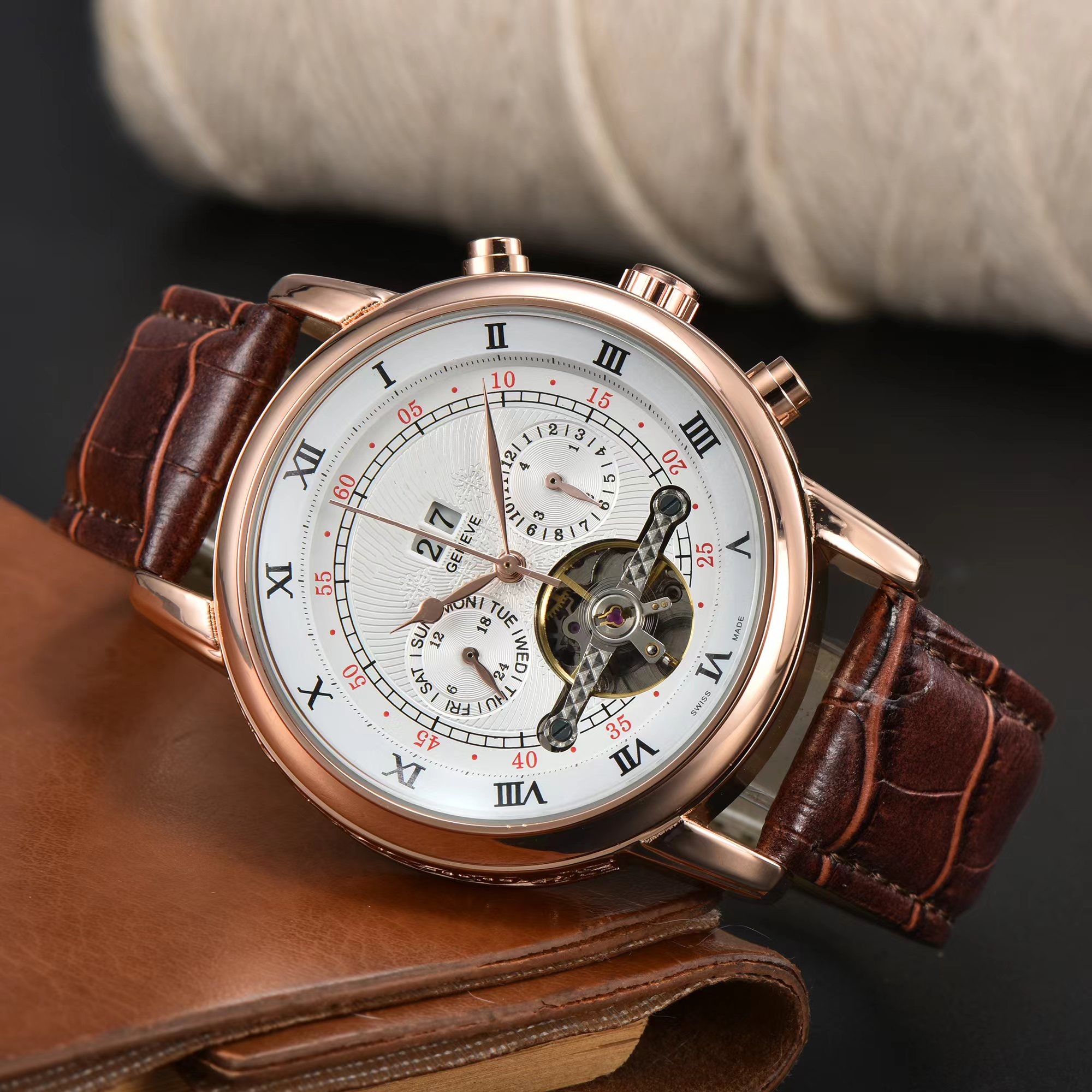 

Top Fashion Patekity Automatic Mechanical Wristwatches Mens Watches Tourbillon Sun Moon Star Waterproof Leather Strap Men Watch Gift Wristwatch #14