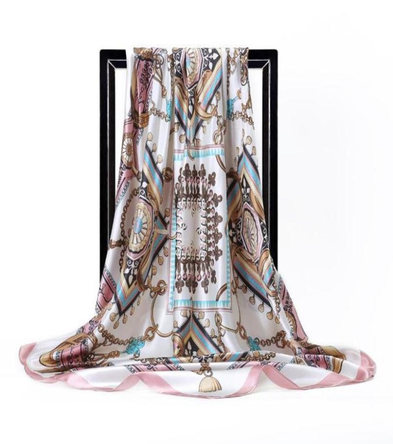 

Scarves Large Pink Square Silk Scarf Foulard Kerchief For Women Female Satin Hair 9090cm Unique Styles Hijab4929885